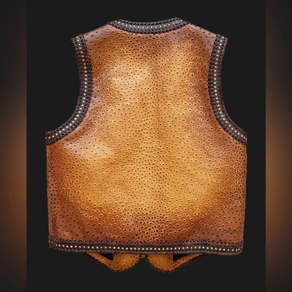 Ostrich Embossed Men Motorcycle Distressed Leather Biker Vest Concealed Carry